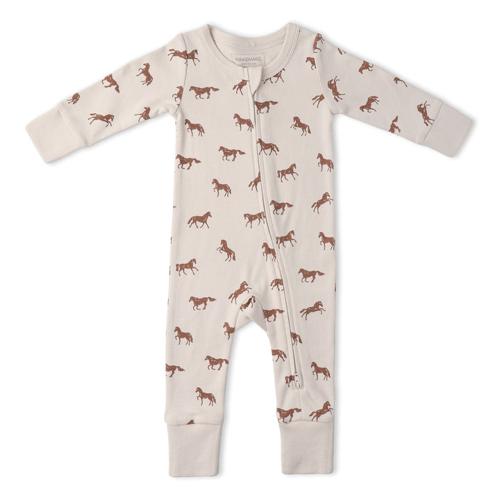 Baby in MakeMake Organics Horses Zip Romper - two-way zipper organic cotton infant one-piece