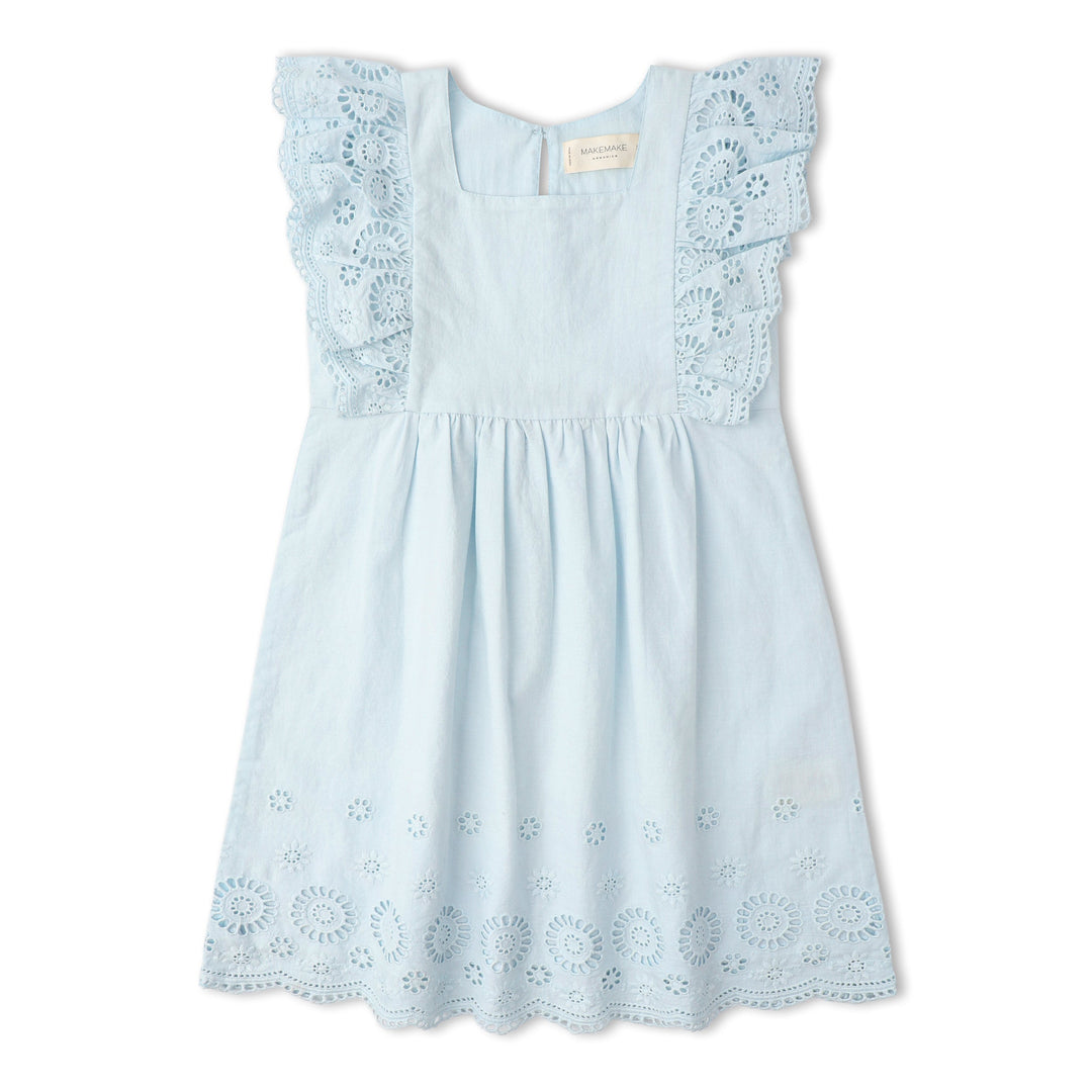 Baby wearing MakeMake Organics Light Blue Eyelet Dress - airy flutter sleeve organic toddler dress