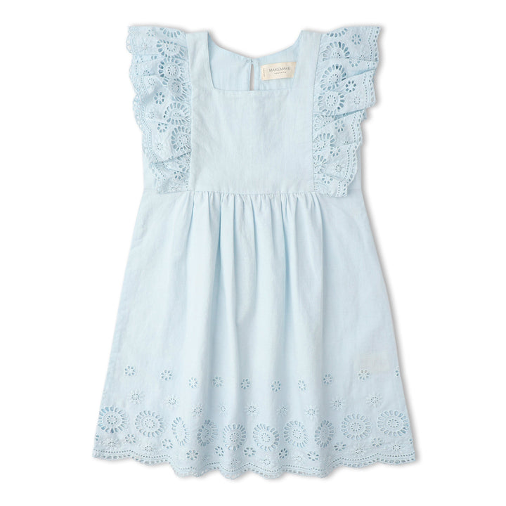 Baby wearing MakeMake Organics Light Blue Eyelet Dress - airy flutter sleeve organic toddler dress