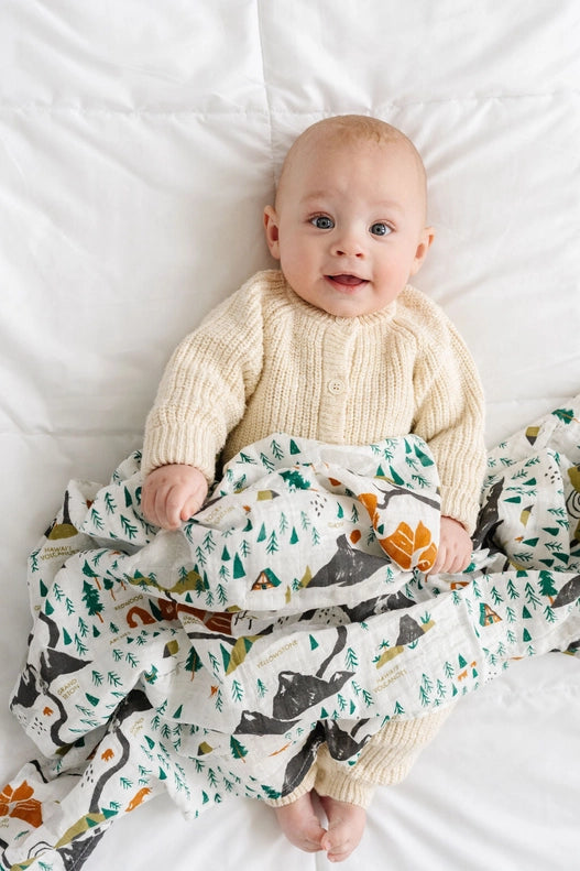 The Clementine Kids National Parks Mini Pattern Swaddle highlighted in cozy muslin swaddle.