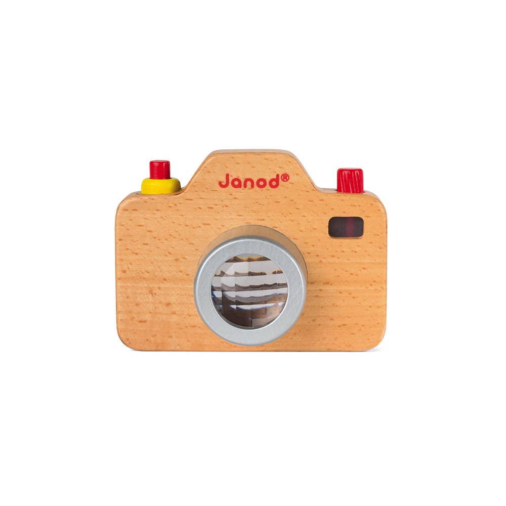 wooden Janod play pretend camera with working flash and kaleidoscope lens lens