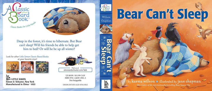 Bear and friends lullaby spread from Bear Can't Sleep cozy winter board book