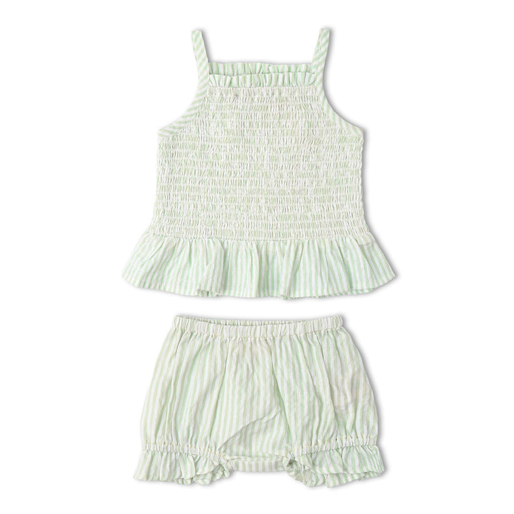 Baby in MakeMake Organics Basil Stripe Smocked Set - organic seersucker heirloom infant outfit