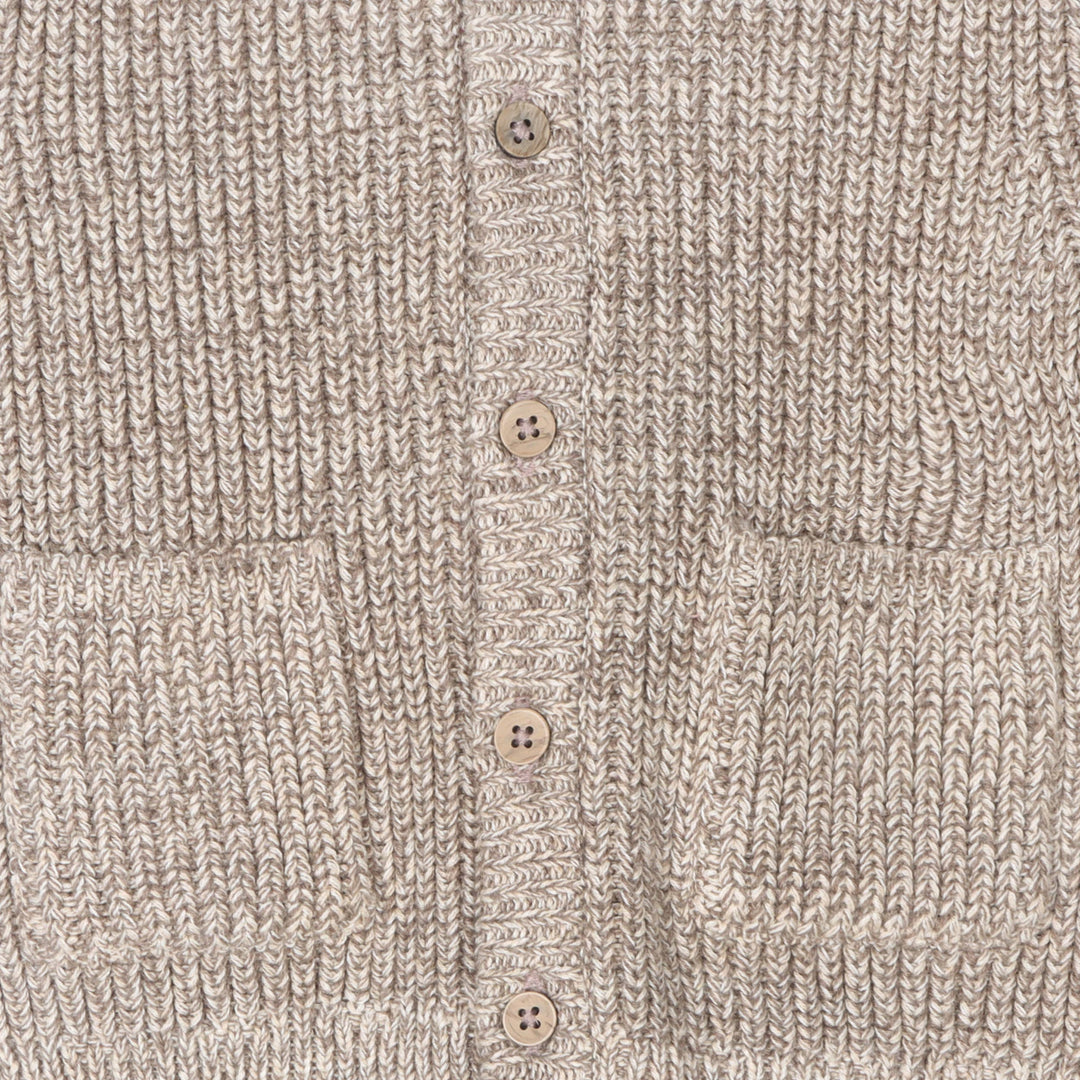 Close-up of the Viverano Organic beige knitted cardigan with button details for toddlers