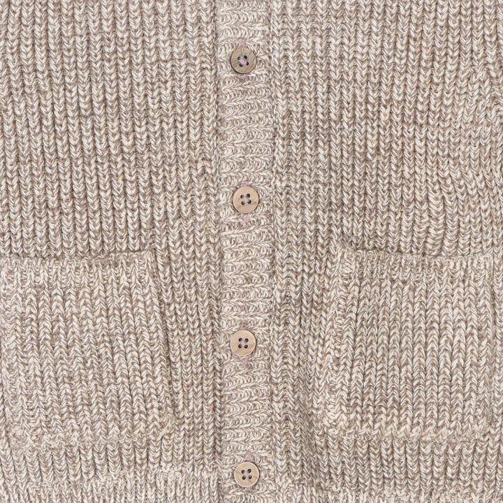 Close-up of the Viverano Organic beige knitted cardigan with button details for toddlers