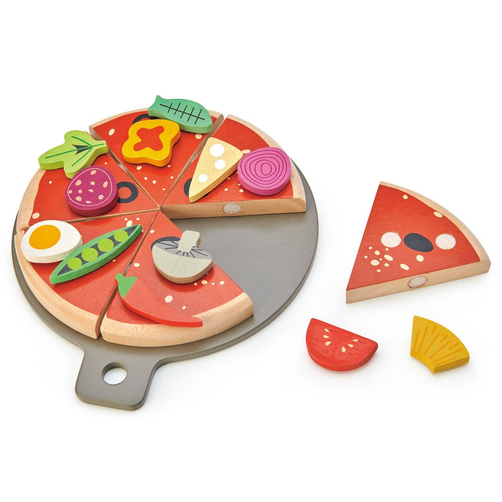Pizza Party from Tender Leaf Toys with one slice removed and toppings displayed nearby