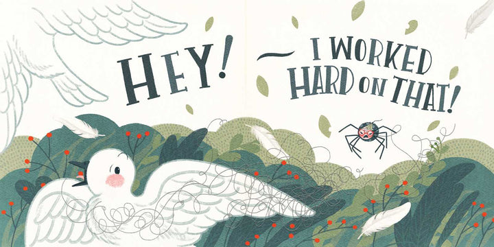 Simon & Schuster I Worked Hard on That! hardcover spread showing a bird startled by Kiara's web
