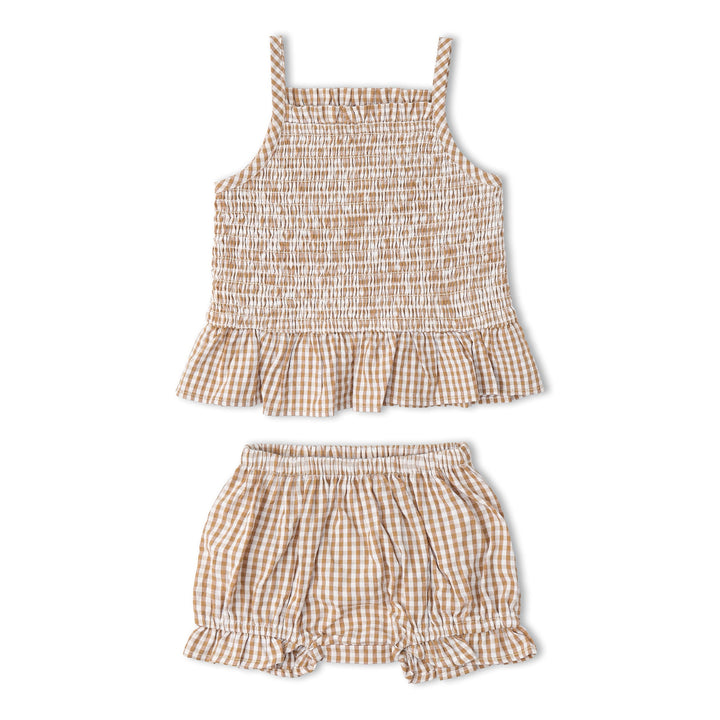 Baby wearing MakeMake Organics Caramel Check Smocked Set - GOTS certified heirloom infant outfit
