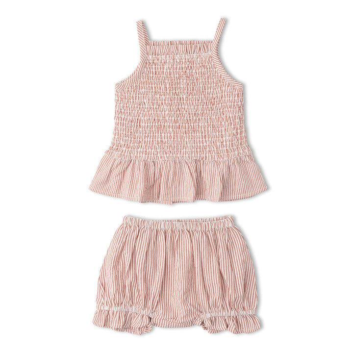 Baby wearing MakeMake Organics Coral Stripe Smocked Set - heirloom smocking organic infant outfit