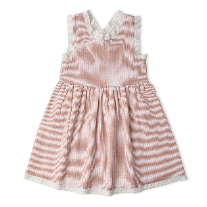 Baby wearing MakeMake Organics Coral Stripe Cross Back Dress - organic cotton summer infant dress