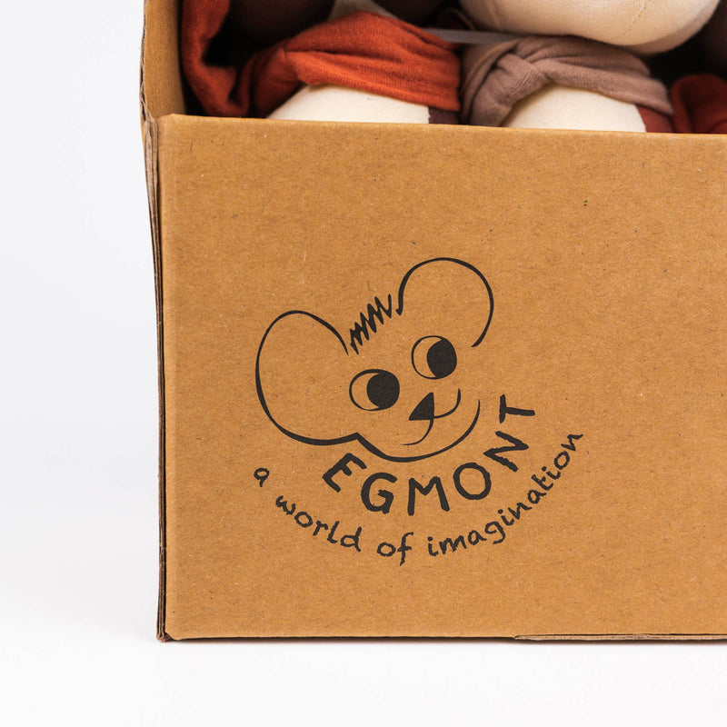 close-up of egmont toys logo on box for forest bowling game