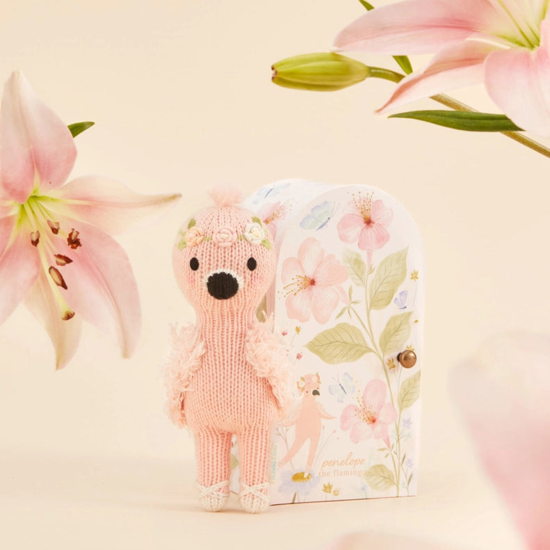 Cuddle + Kind Tiny Animals plush toy featuring a cozy little flamingo stuffed animal perfect for kids.