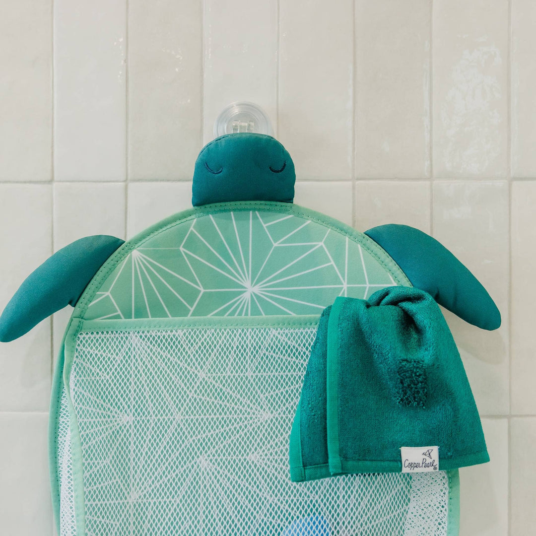 Copper Pearl Wade bath caddy with towel and toys, stylish bath toy storage for toddlers and baby bath routines