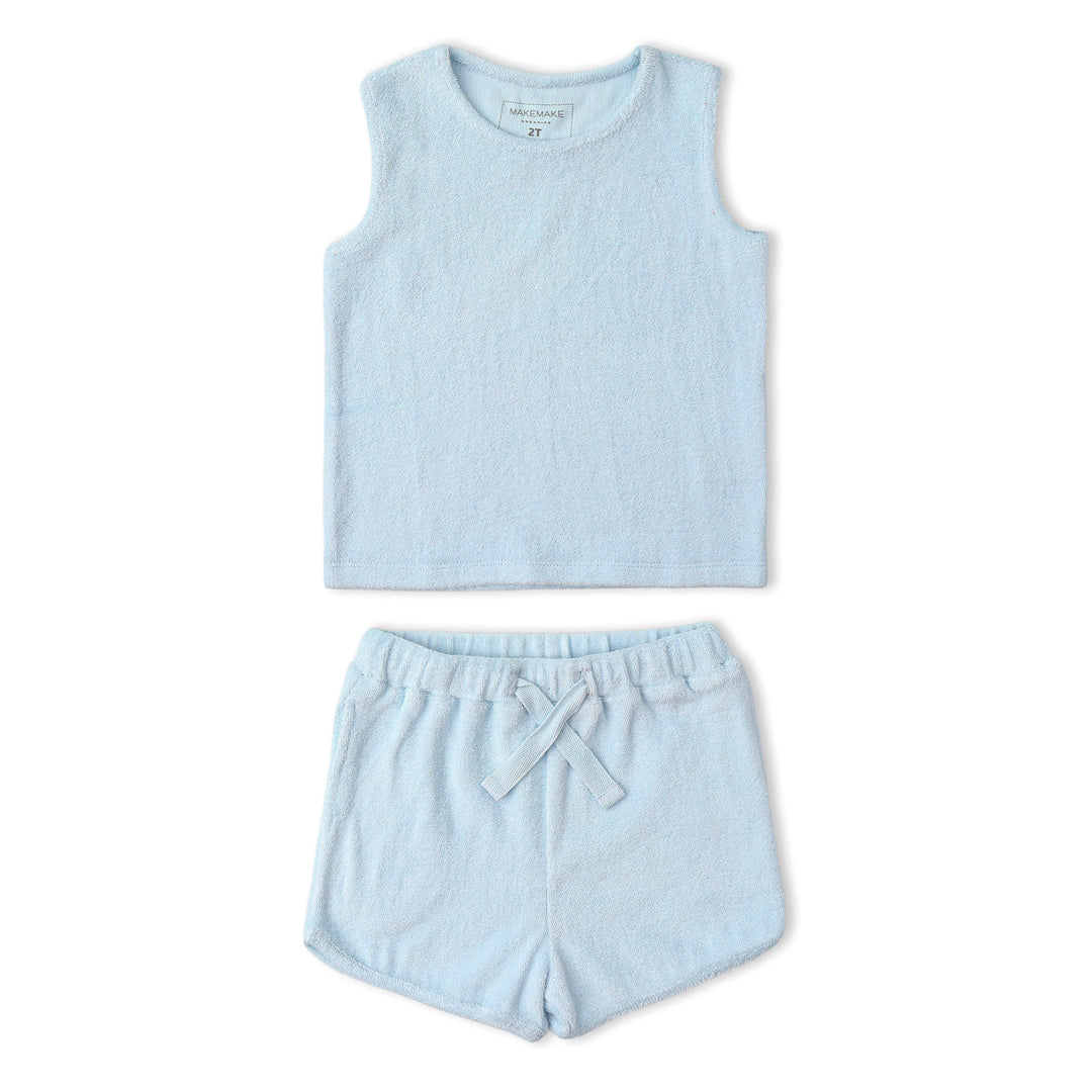 Baby wearing MakeMake Organics Light Blue Tee Shorts Set - organic cotton coordinated baby outfit