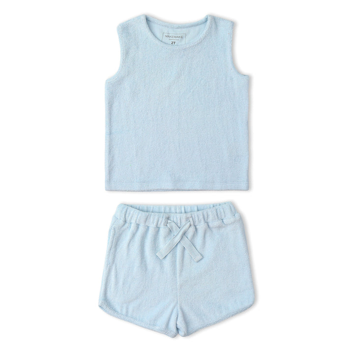 Baby wearing MakeMake Organics Light Blue Tee Shorts Set - organic cotton coordinated baby outfit
