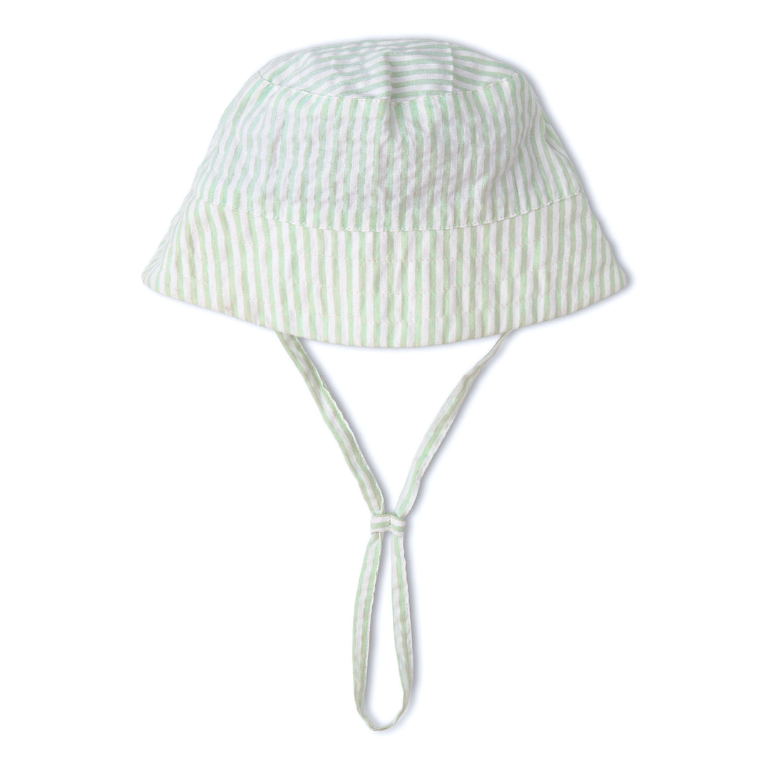 Baby in MakeMake Organics Basil Stripe Sun Hat - botanical organic cotton wide brim toddler hat
