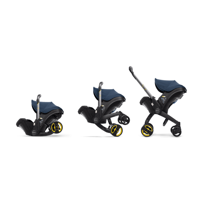 Shown evolving from car seat to stroller, the Deep Blue Doona Infant Car Seat and Stroller offers ultimate combo flexibility.
