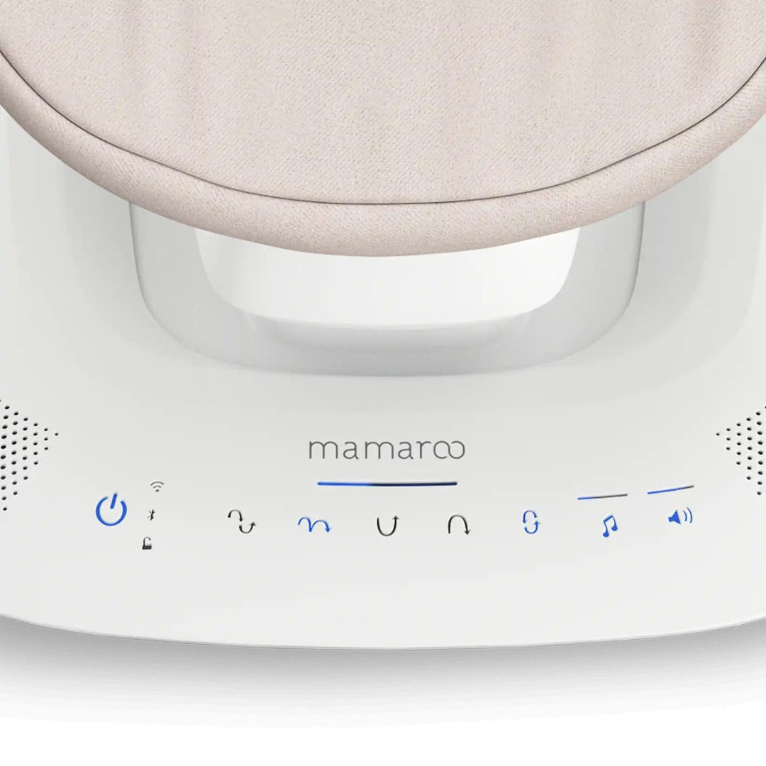 control panel of UPPABABY mamaroo best baby swing showcasing motion and sound controls with power button