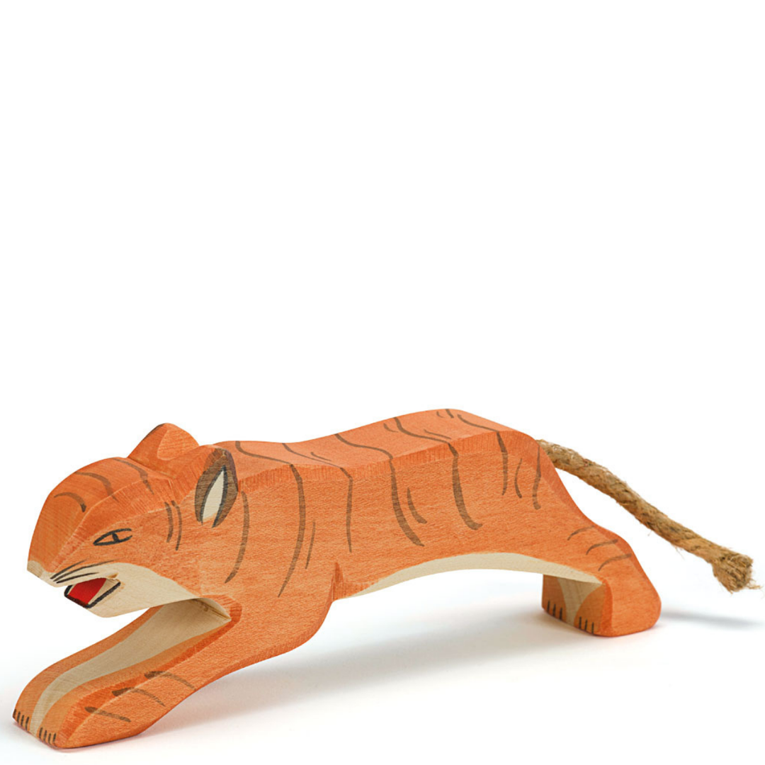 Ostheimer Tiger, Jumping, a hand-carved wooden tiger toy made in Germany