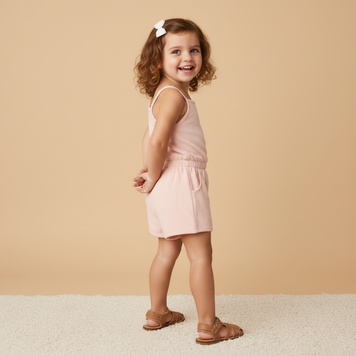 Blush organic terry tank romper flat lay - MakeMake Organics pull-on toddler romper