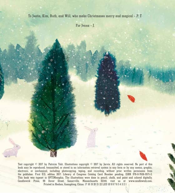 Lone evergreen in a snowy landscape from Pick A Pine Tree, Penguin Random House holiday picture book illustrated by Jarvis