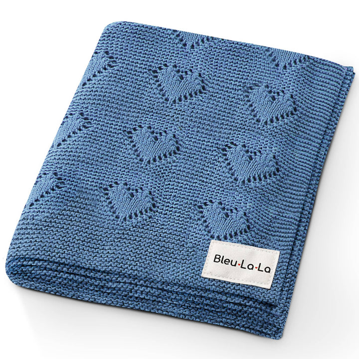 Bleu La La Cotton Receiving Swaddle Baby Blanket with a Heart Pattern in Denim Blue