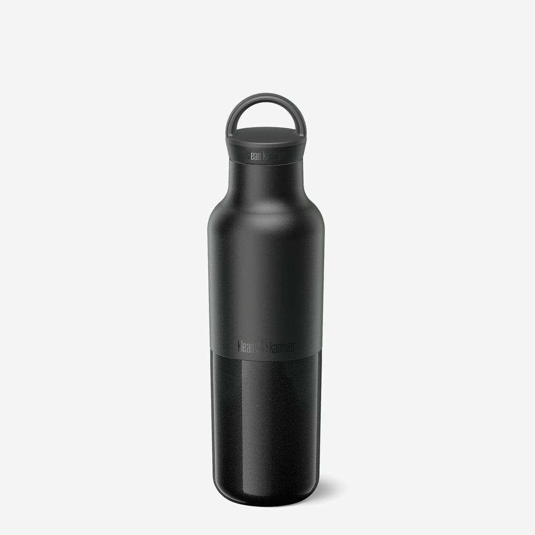 Klean Kanteen 20oz Rise Classic Bottle in Black with Arch Loop Cap, featuring insulated stainless steel for hot or cold drinks.