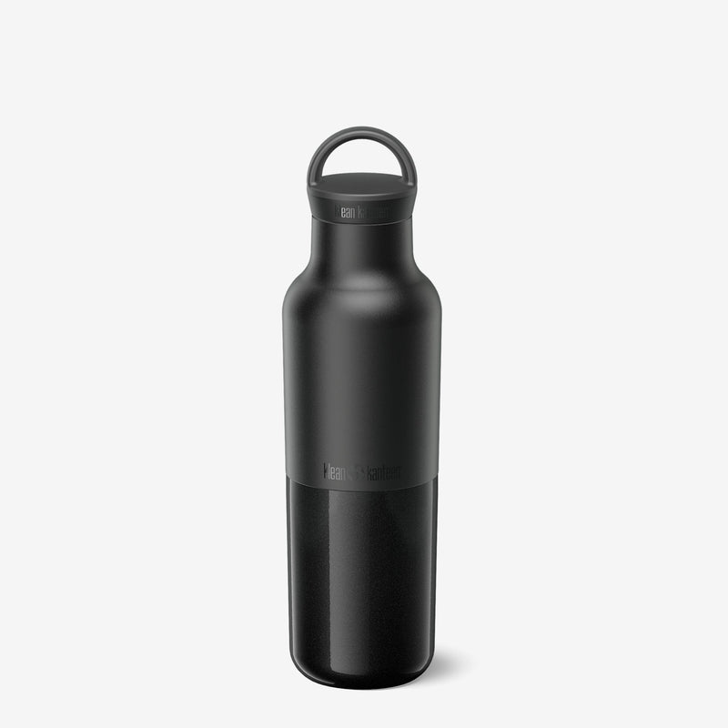 Klean Kanteen 20oz Rise Classic Bottle in Black with Arch Loop Cap, featuring insulated stainless steel for hot or cold drinks.