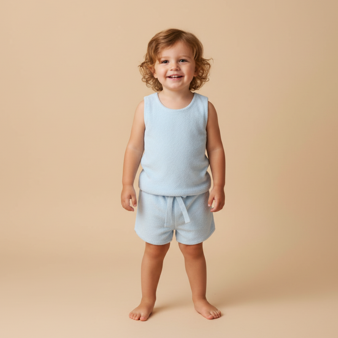 Light blue organic sleeveless tee and shorts set back view - MakeMake Organics toddler outfit