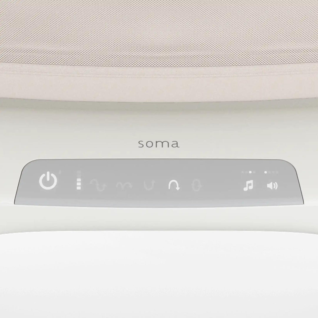 control panel of soma smart baby bassinet  by uppababy showcasing motion controls, power, sound, and more
