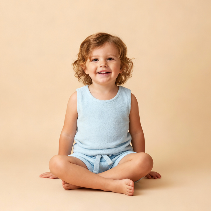 MakeMake Organics Light Blue Sleeveless Tee and Shorts Set - GOTS certified organic toddler set