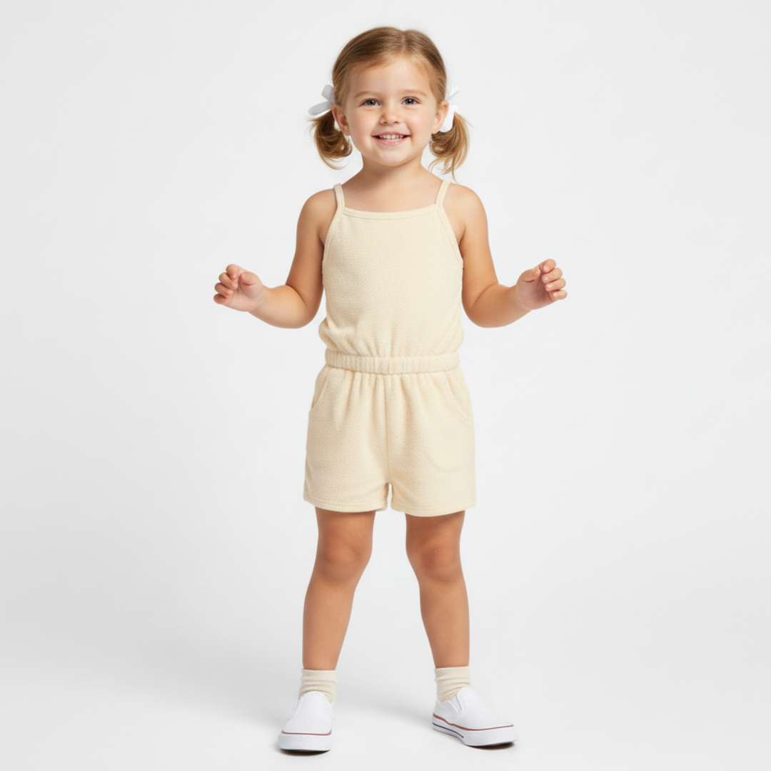Butter yellow organic terry tank romper flat lay - MakeMake Organics breathable toddler outfit