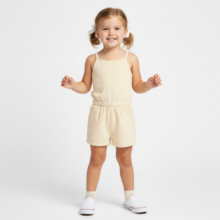 Butter yellow organic terry tank romper flat lay - MakeMake Organics breathable toddler outfit
