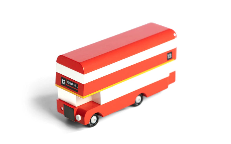 London bus toy by Candylab, a wooden double-decker for pretend city rides.