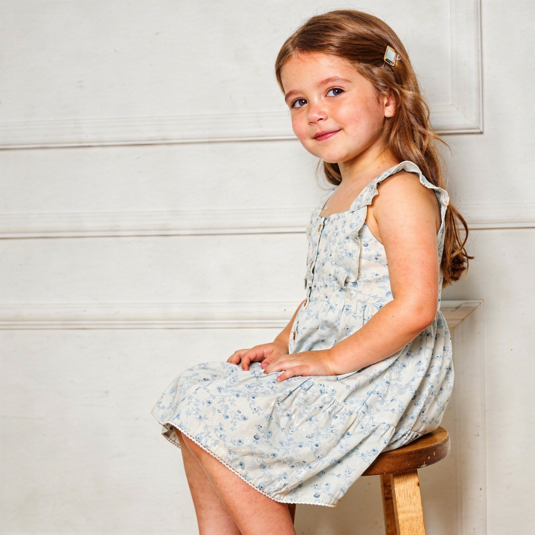 MakeMake Organics Ivy Floral Flutter Tiered Dress - botanical organic cotton baby button dress