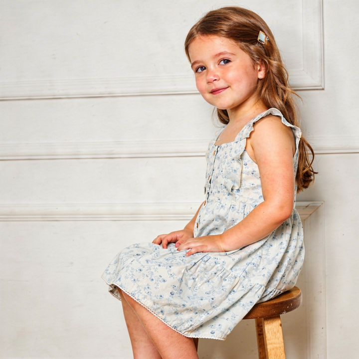 MakeMake Organics Ivy Floral Flutter Tiered Dress - botanical organic cotton baby button dress
