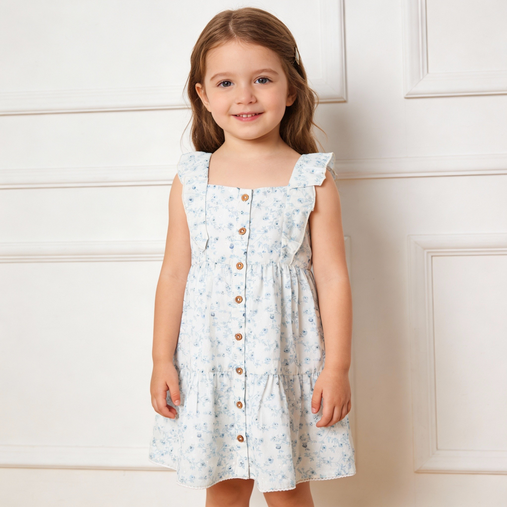 Ivy floral organic tiered flutter dress back view - MakeMake Organics painterly print baby dress