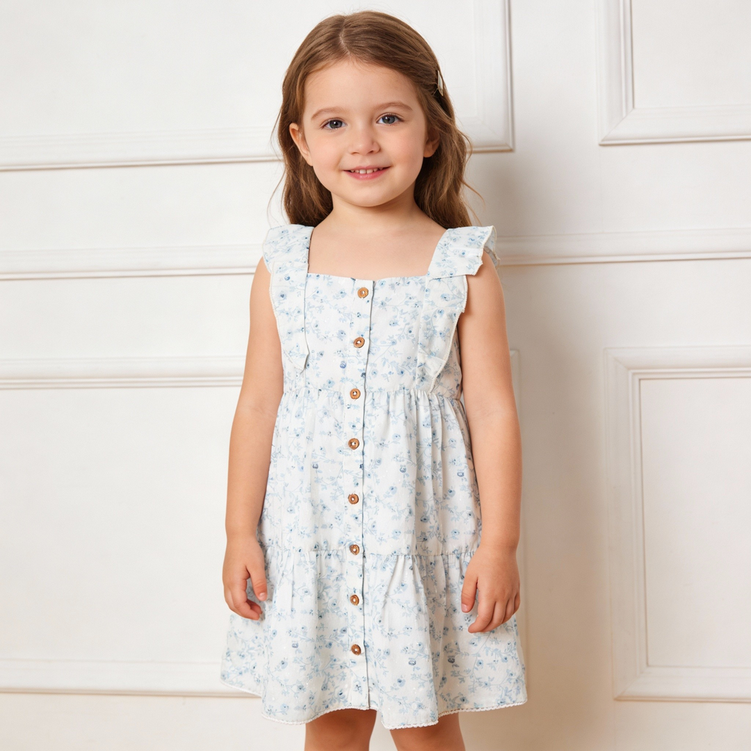 Ivy floral organic tiered flutter dress back view - MakeMake Organics painterly print baby dress