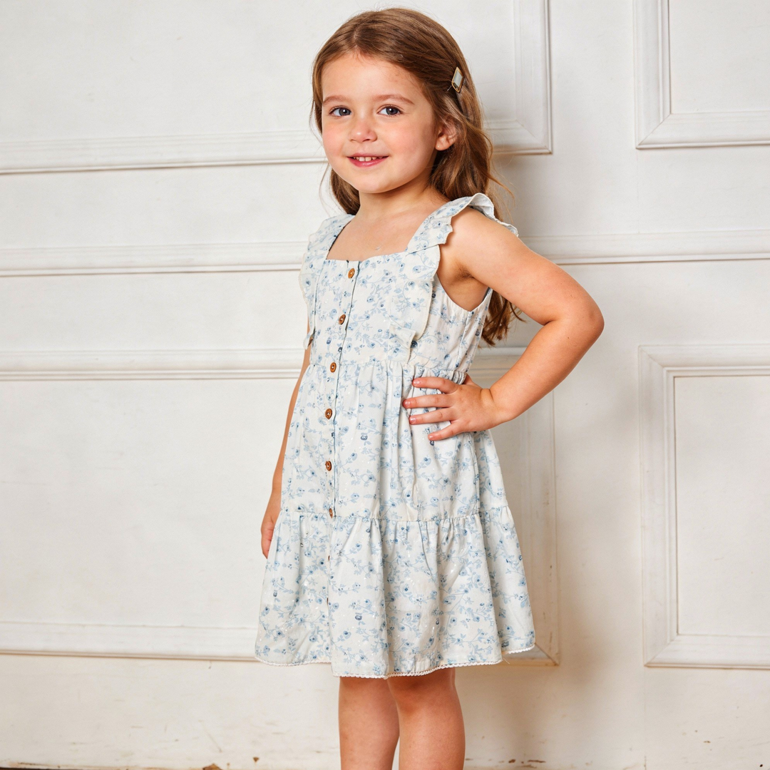 MakeMake Organics Ivy Floral Tiered Dress detail - lush botanical organic cotton toddler flutter dress