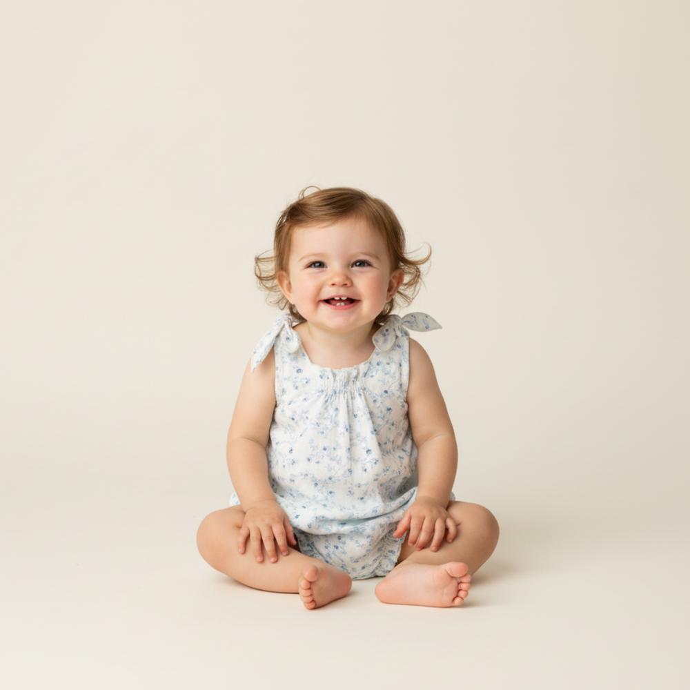 MakeMake Organics Ivy Floral Tie Shoulder Bubble Romper - botanical organic cotton baby romper