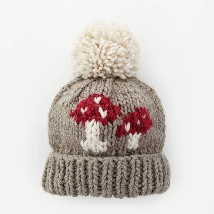 Mushroom Hand Knit Beanie Hat in Oatmeal for baby and kids, flat lay with pom pom top