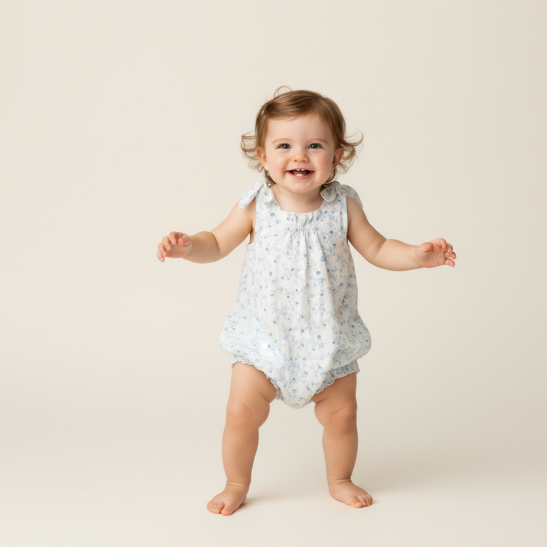 MakeMake Organics Ivy Floral Bubble Romper detail - watercolor botanical print organic cotton
