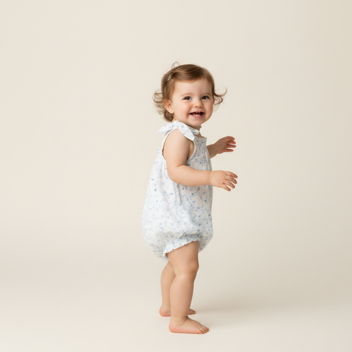 Ivy floral organic tie shoulder romper back view - MakeMake Organics adjustable baby romper