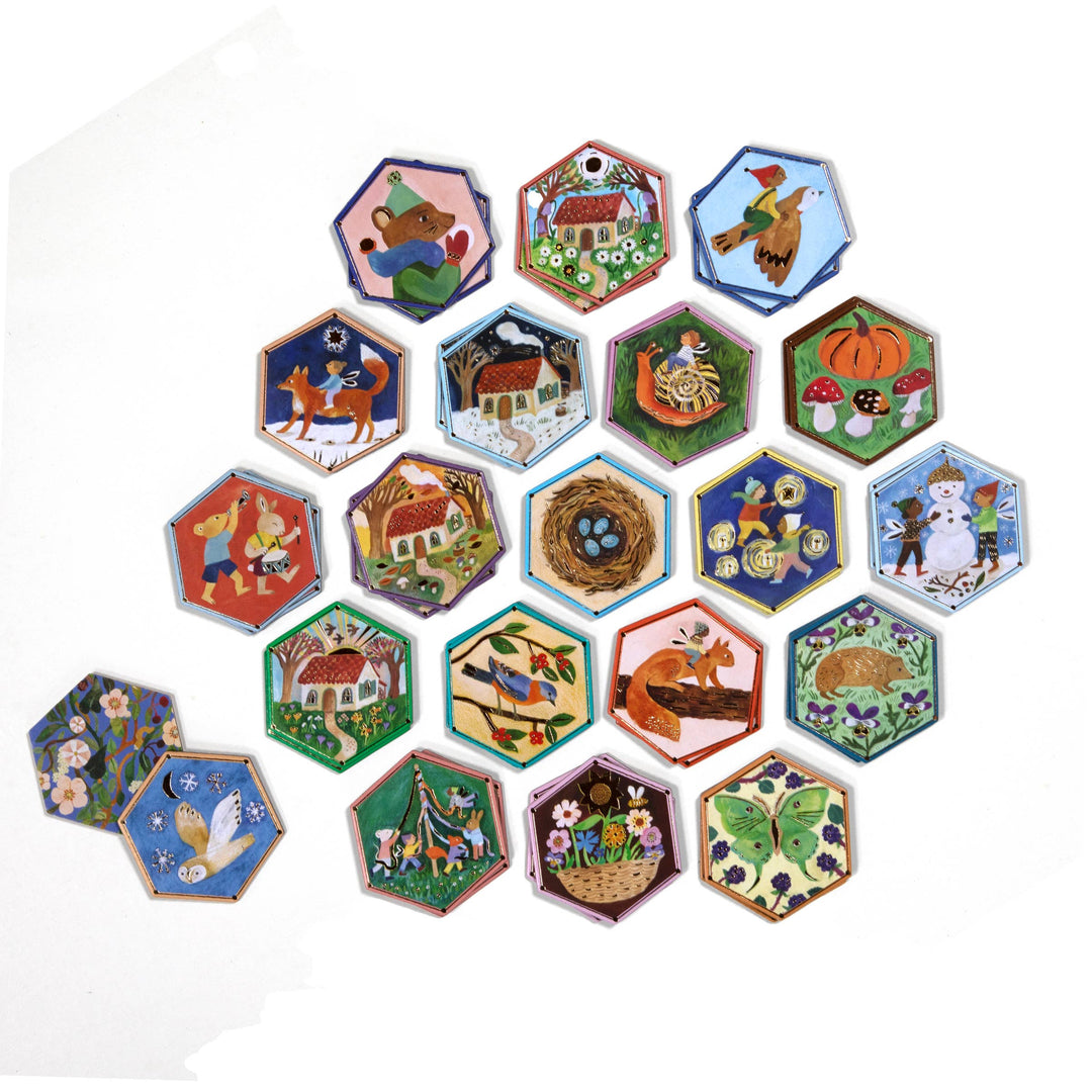 eeBoo Cottage Fairies Hexagon Memory Game 18 gold foil tile pairs for ages 3 and up
