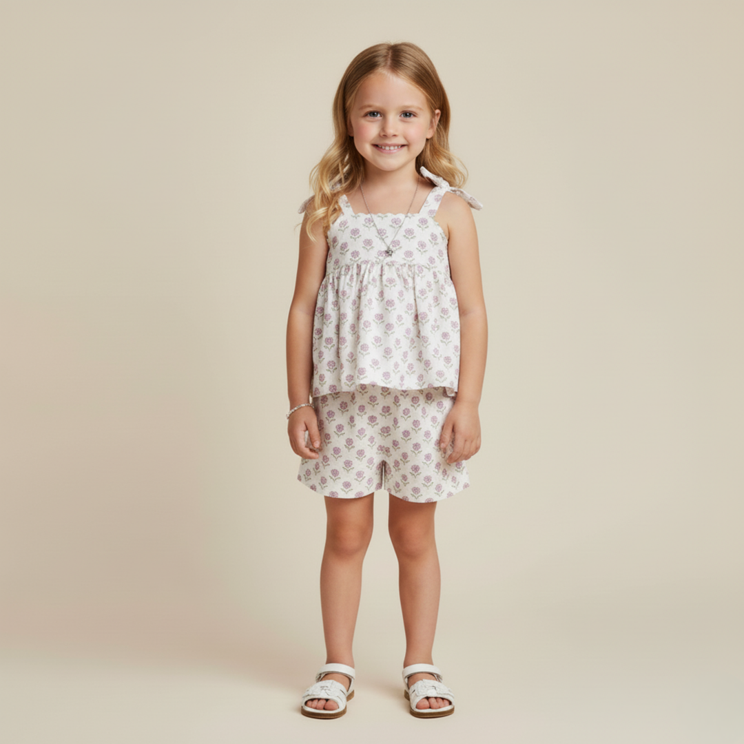 Lavender tie-up top and shorts set back view - MakeMake Organics organic cotton toddler separates