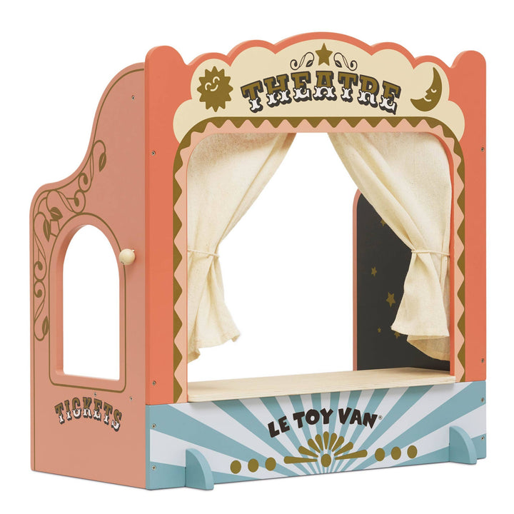 Le Toy Van Tabletop Puppet Wooden Theatre front view with open curtains and gold details