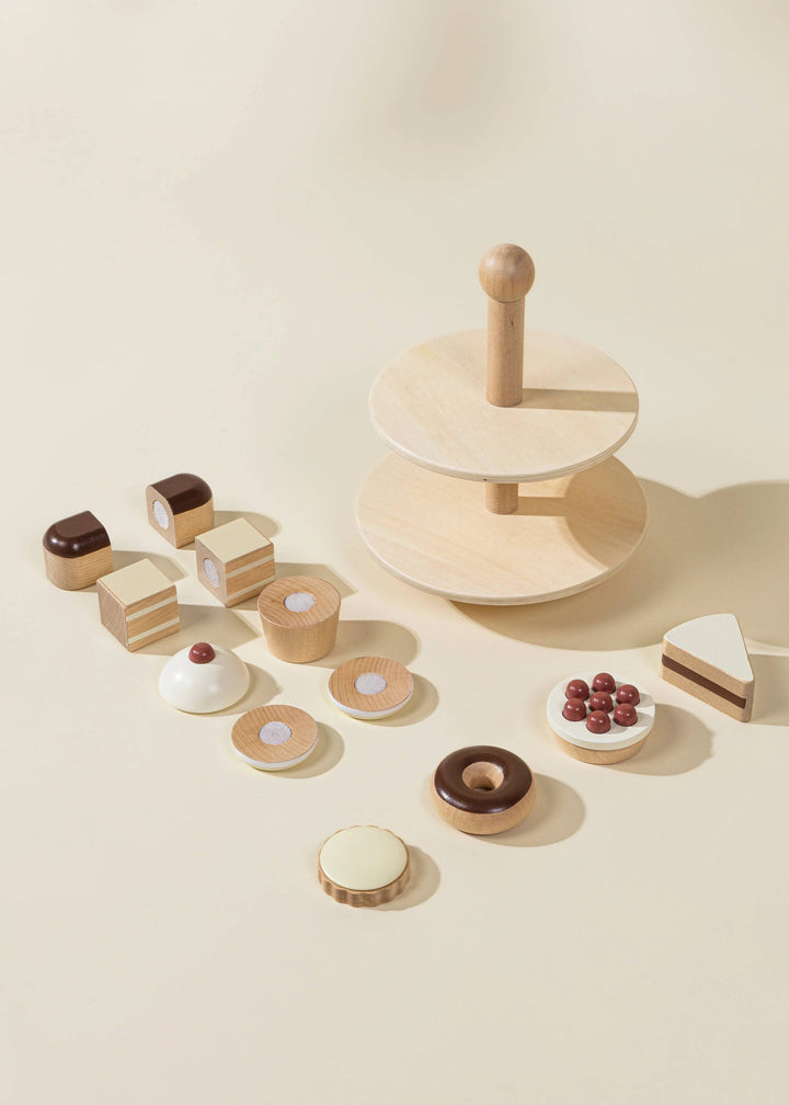 Colorful and detailed, the Coco Village Wooden Desserts Tower is a stunning play food set designed for toddler pretend play.