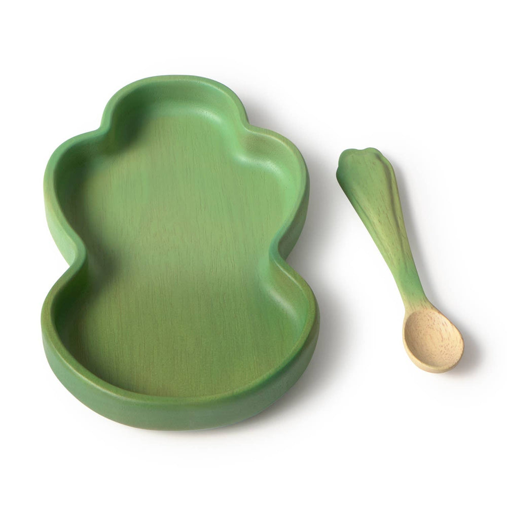 Wooden baby plate and matching spoon from the Kendall the Kale set by Oli & Carol
