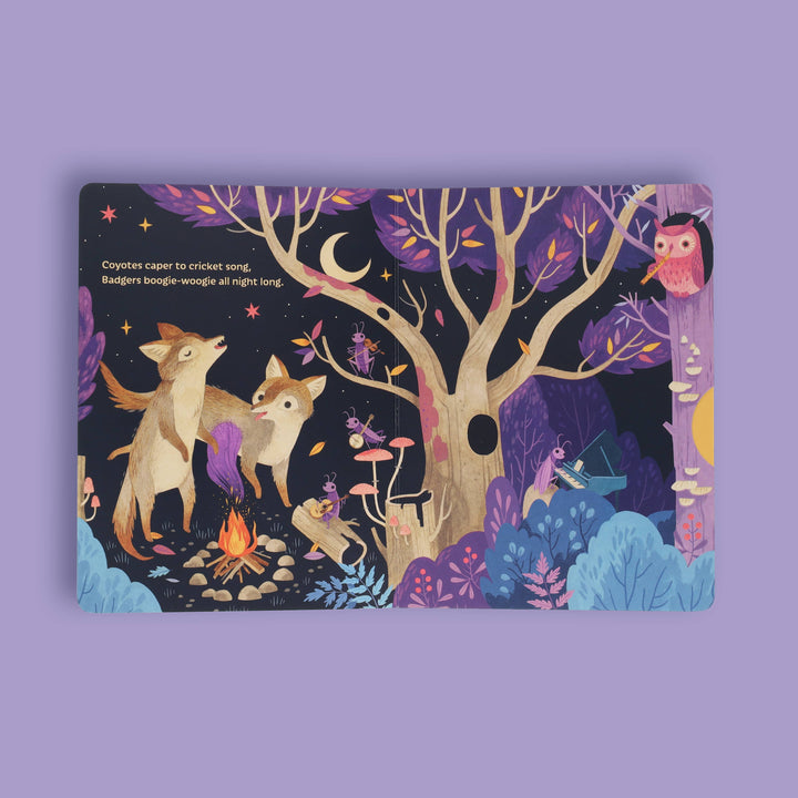 Fox and owl nighttime scene illustrated in Chronicle Books Moonlight Prance