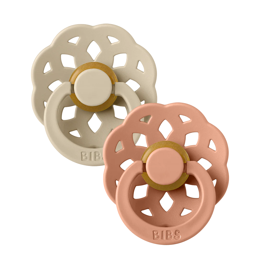 Vanilla & Peach BIBS Boheme Pacifiers 2 Pack, baby pacifier set for calm moments.